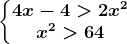 \left\\beginmatrix 4x-4>2x^2\\x^2>64\endmatrix\right.